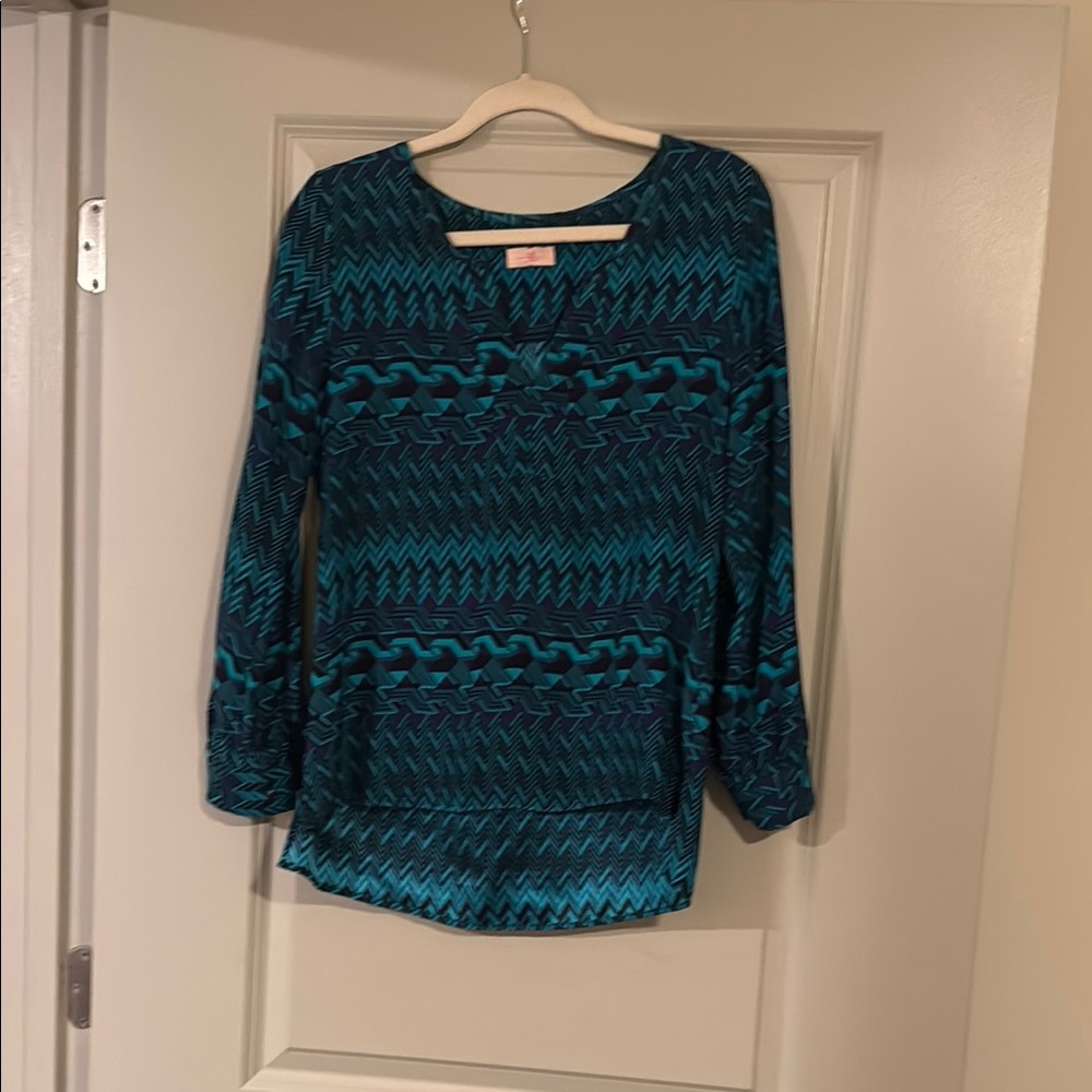 Nell Couture Teal and Black Patterned Blouse